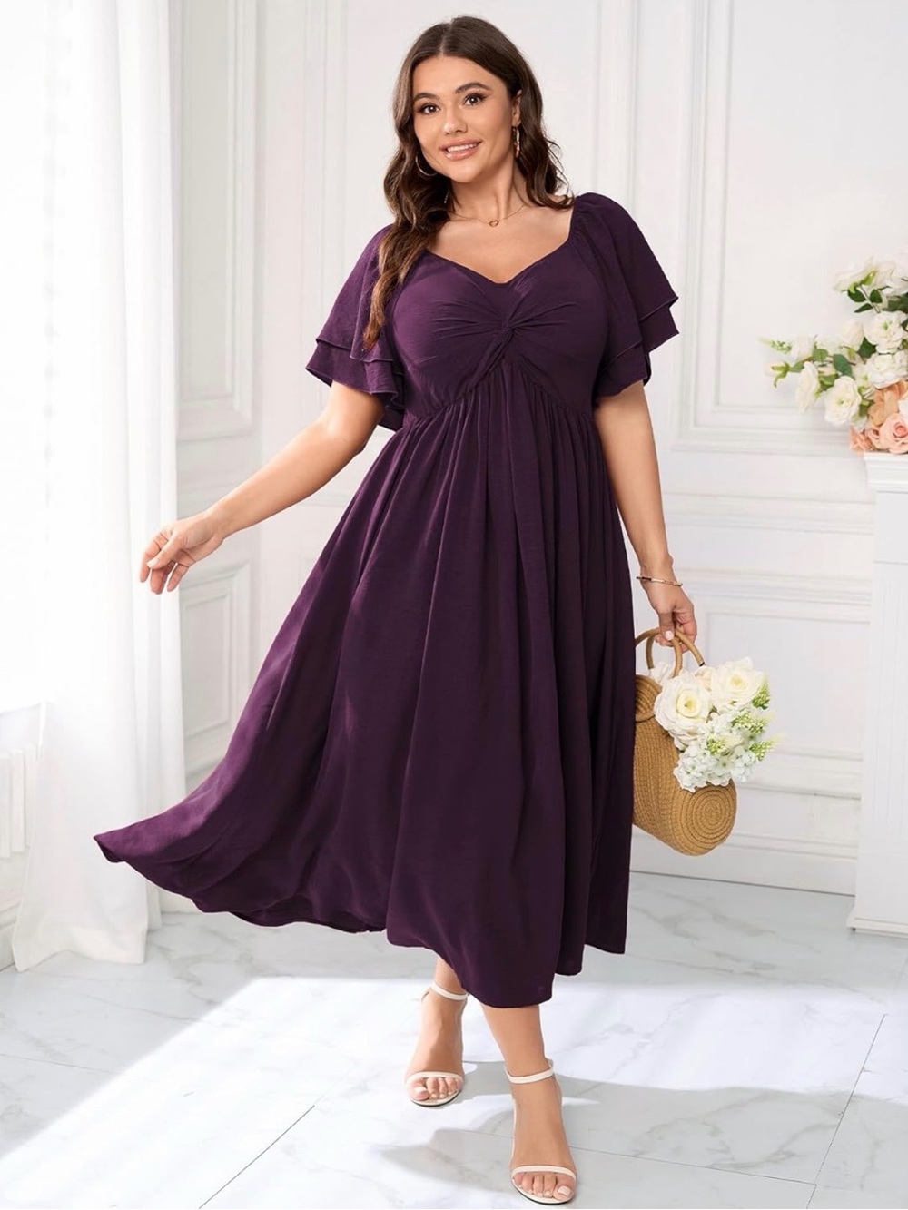 Twist Front Flutter Sleeve Plum Midi Dress Wedding Guest Bridesmaid Smocked Back